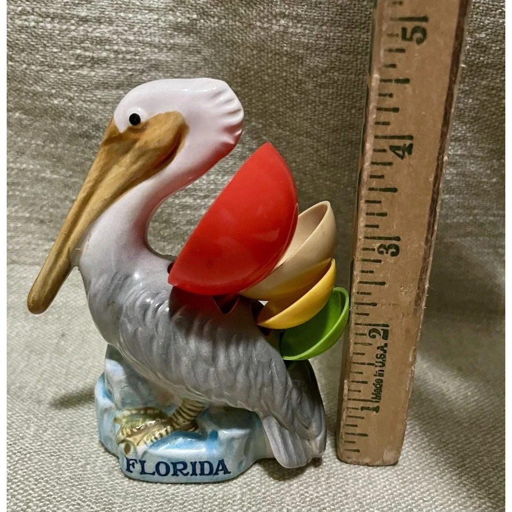 MCM Pelican Perched On Rock Base Set W/ Color Measuring Spoons Tucked Into Back